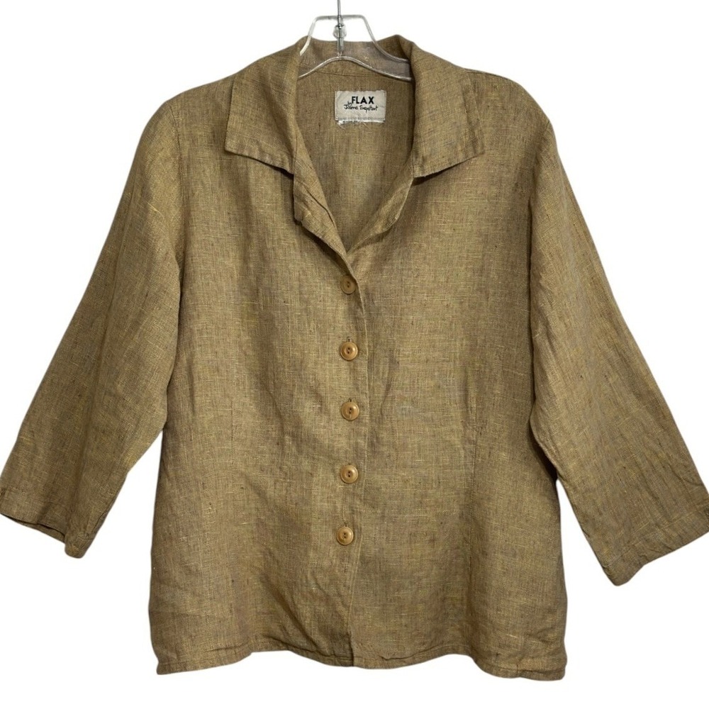 Flax Button Shirt Women Tan Linen Long Sleeve Textured Lagenlook Earthy Fall L